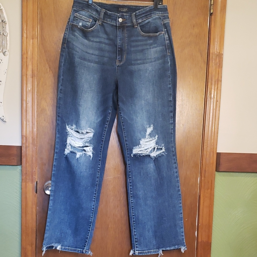 Judy Blue Distressed Dark Blue Straight-Leg Jeans